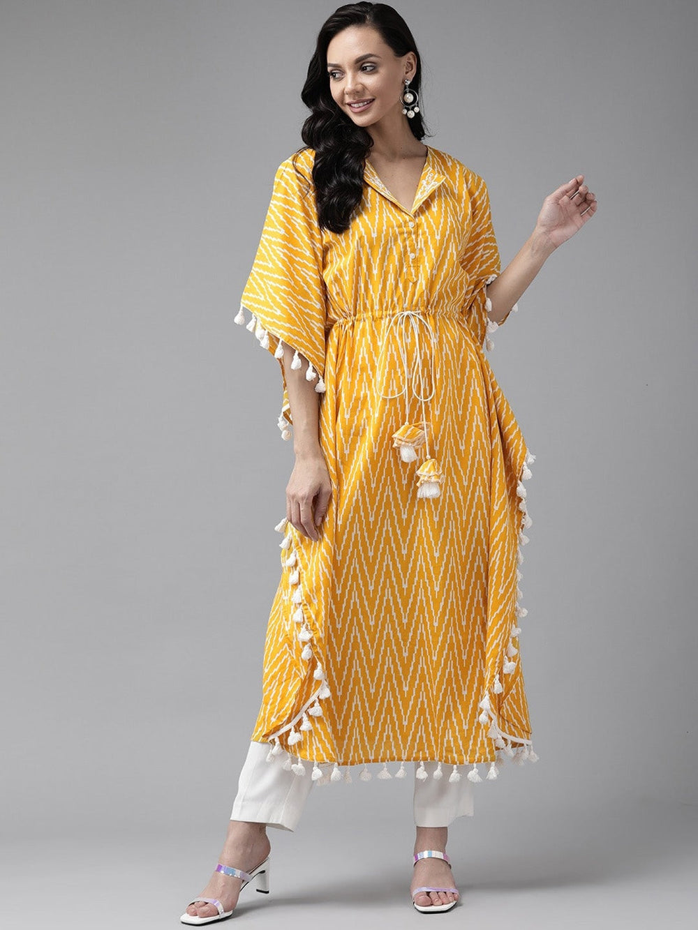 Yellow & Off White Printed Kaftan-Yufta Store-9292KFTYLS