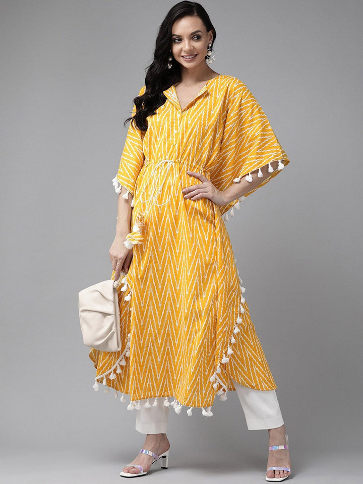 Yellow & Off White Printed Kaftan-Yufta Store-9292KFTYLS