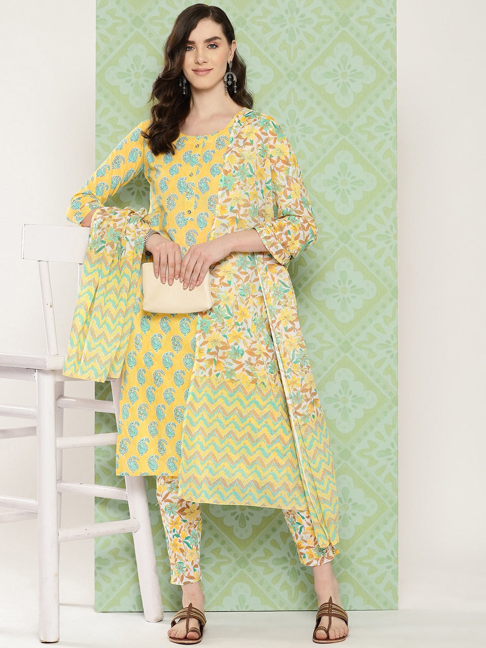 Yellow Paisley Printed Pure Cotton Kurta with Trousers & With Dupatta Set-Yufta Store-1474SKDYLS