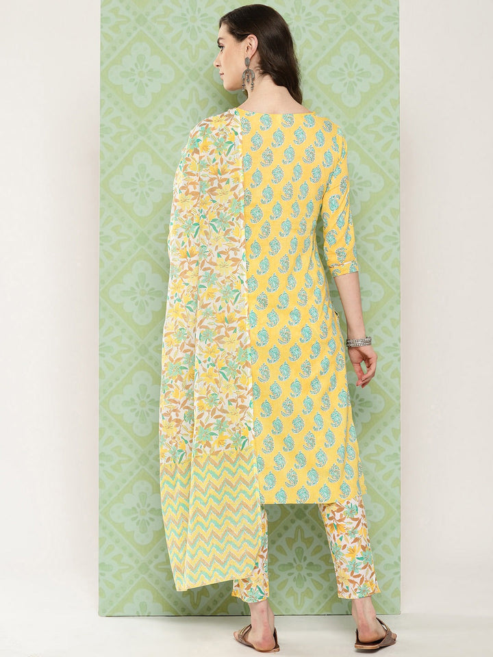 Yellow Paisley Printed Pure Cotton Kurta with Trousers & With Dupatta Set-Yufta Store-1474SKDYLS