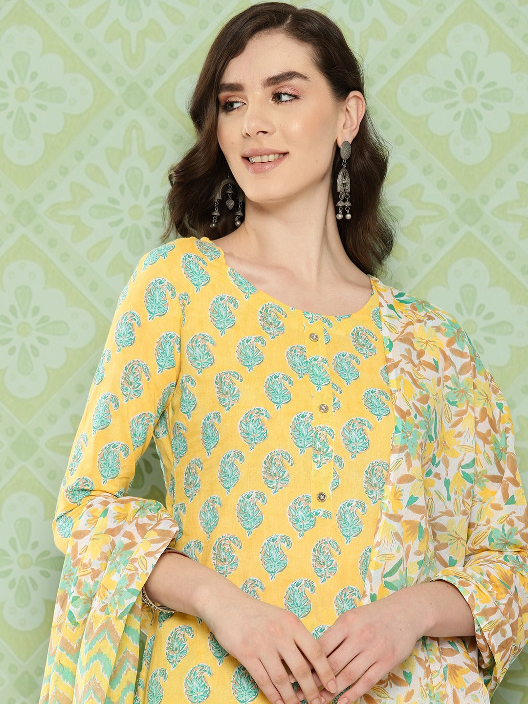 Yellow Paisley Printed Pure Cotton Kurta with Trousers & With Dupatta Set-Yufta Store-1474SKDYLS