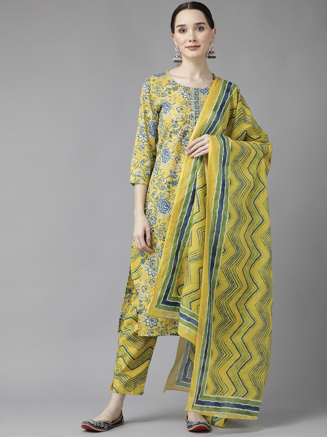 Yellow Print Cotton Dupatta Set-Yufta Store-4785SKDYLS