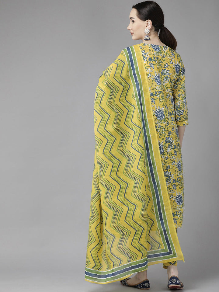 Yellow Print Cotton Dupatta Set-Yufta Store-4785SKDYLS