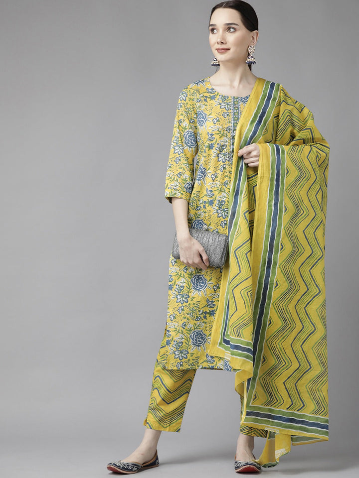 Yellow Print Cotton Dupatta Set-Yufta Store-4785SKDYLS