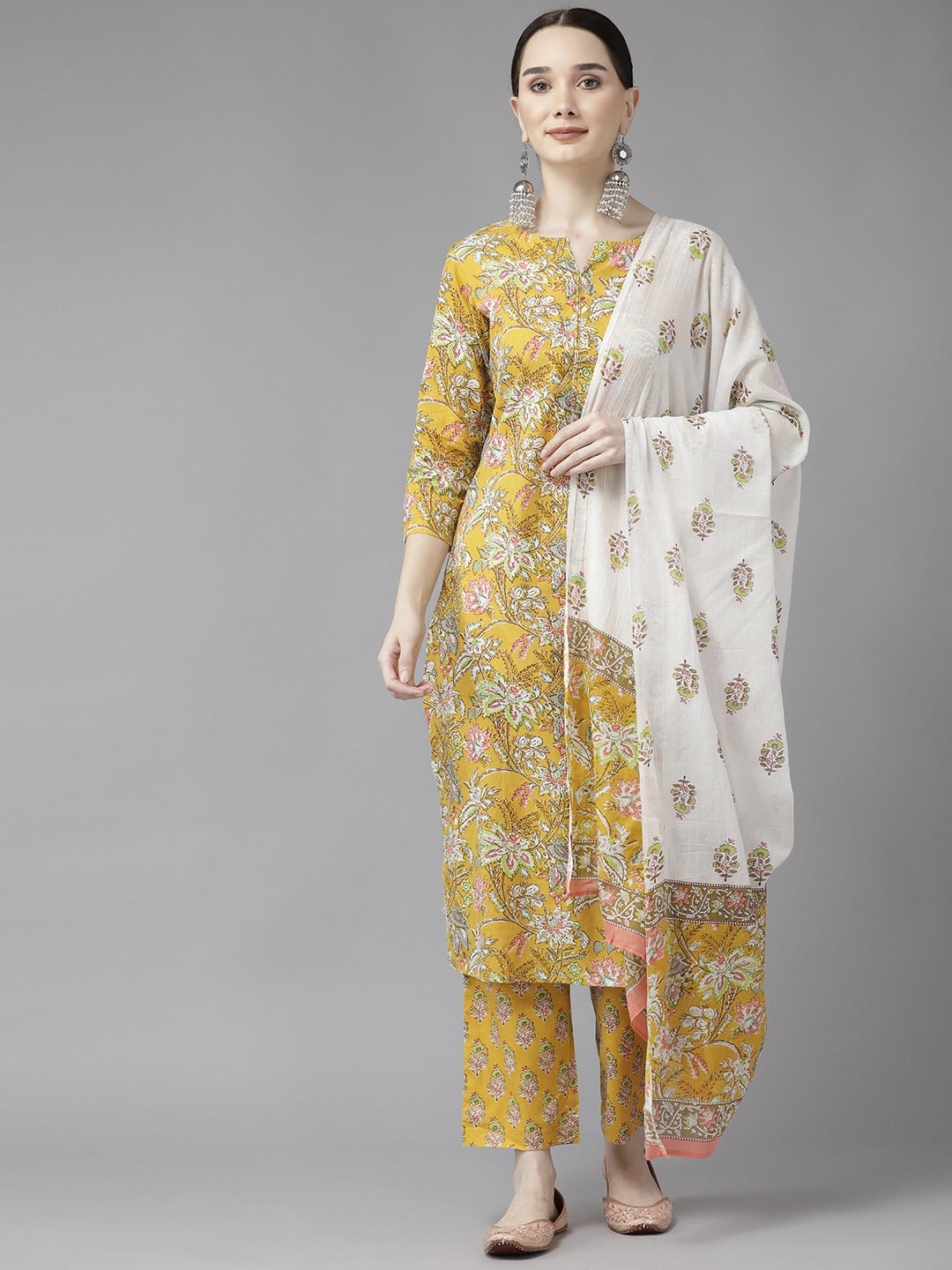 Yellow Print Cotton Dupatta Set-Yufta Store-9815SKDYLS