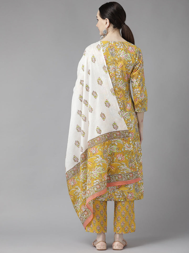 Yellow Print Cotton Dupatta Set-Yufta Store-9815SKDYLS