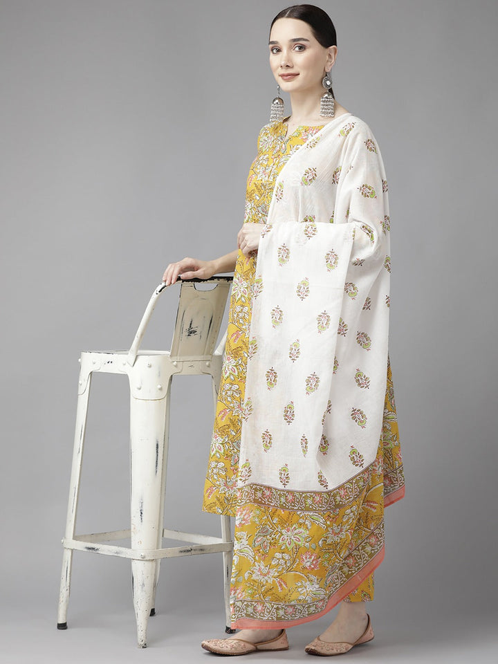 Yellow Print Cotton Dupatta Set-Yufta Store-9815SKDYLS