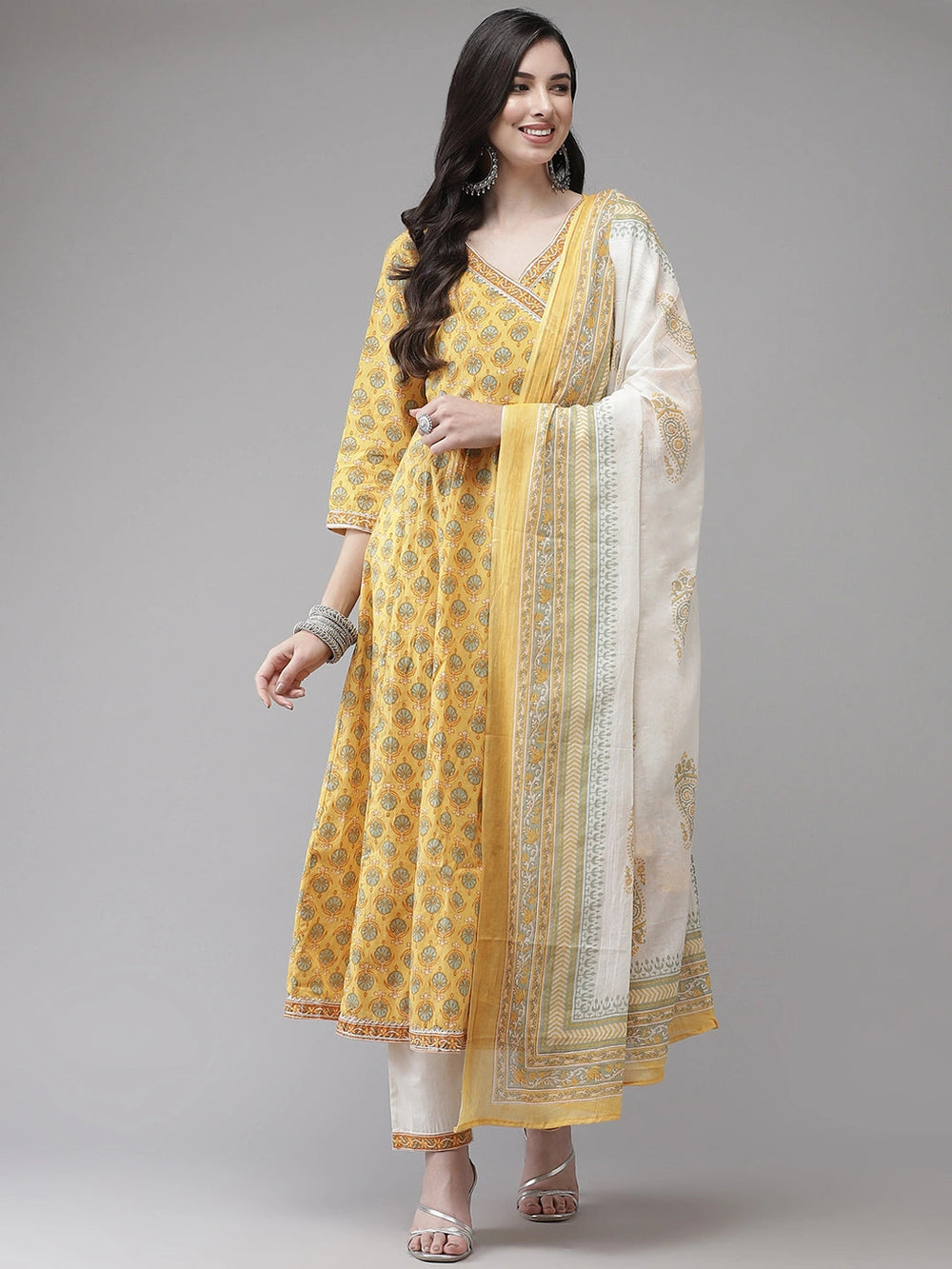 Yellow Printed Angrakha Dupatta Set-Yufta Store-7835SETYLM