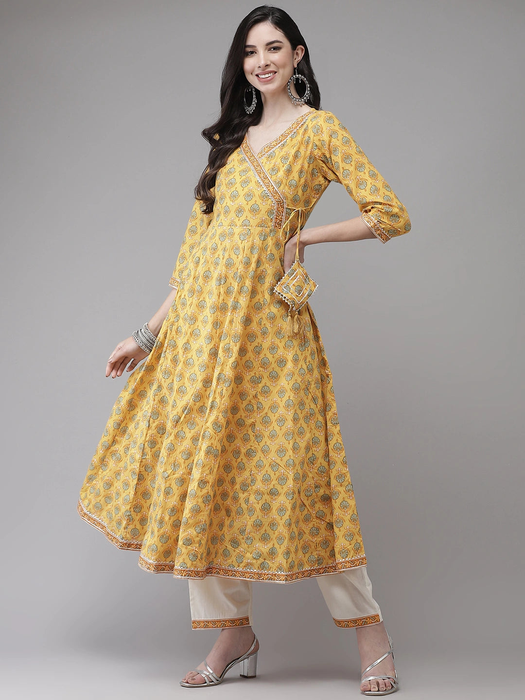 Yellow Printed Angrakha Dupatta Set-Yufta Store-7835SETYLM