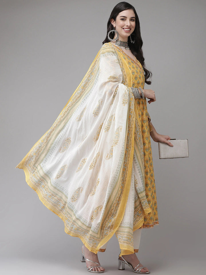 Yellow Printed Angrakha Dupatta Set-Yufta Store-7835SETYLM