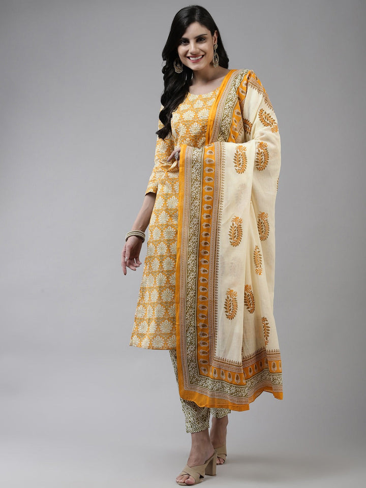 Yellow Printed Cotton Dupatta Set-Yufta Store-4776SKDYLM