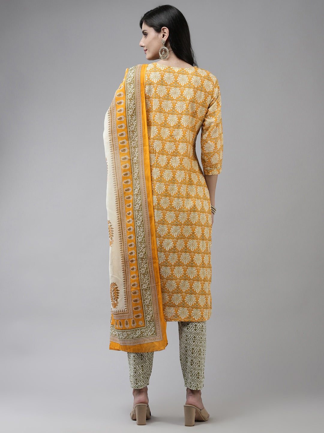 Yellow Printed Cotton Dupatta Set-Yufta Store-4776SKDYLM