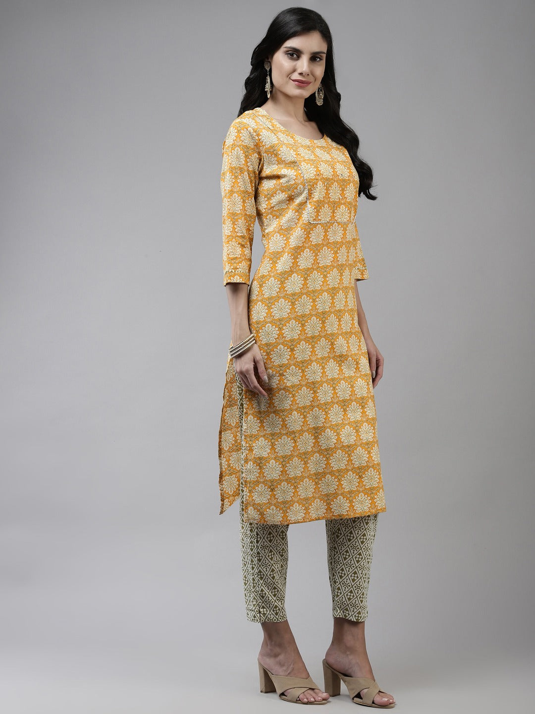 Yellow Printed Cotton Dupatta Set-Yufta Store-4776SKDYLM