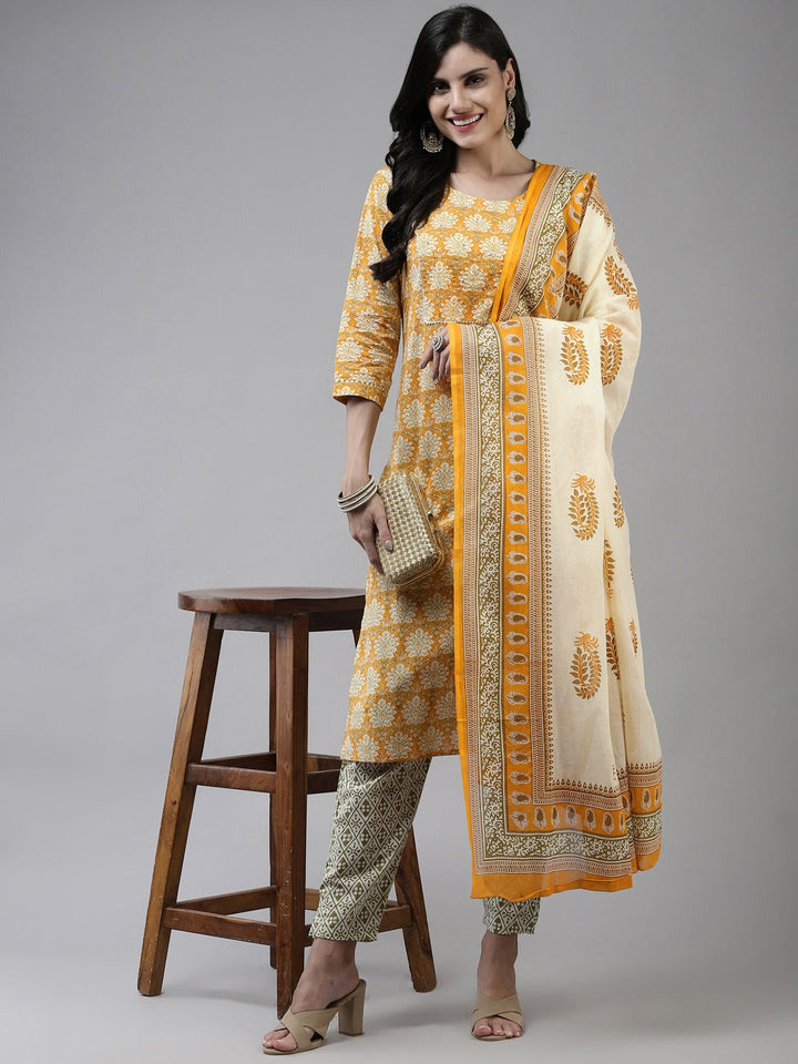 Yellow Printed Cotton Dupatta Set-Yufta Store-4776SKDYLM