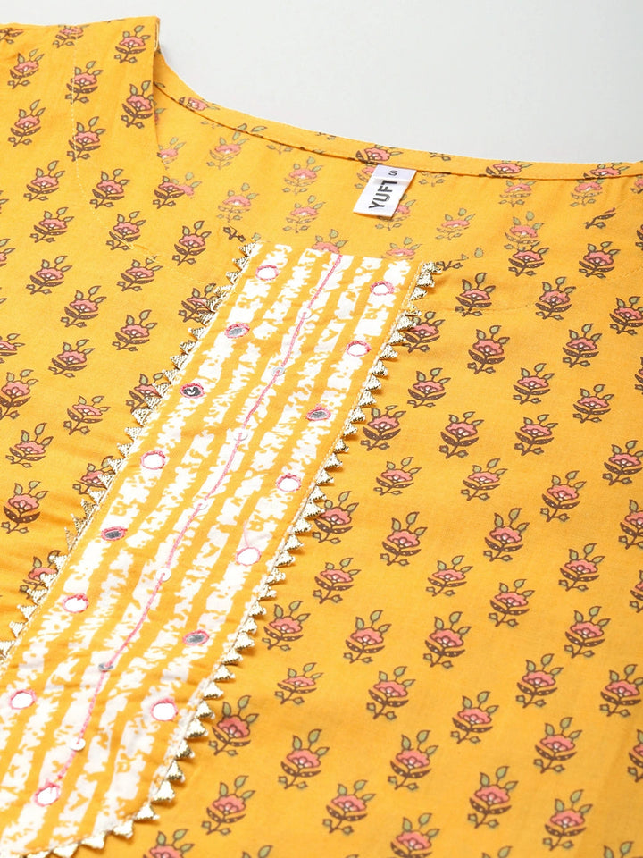 Yellow Printed Cotton Dupatta Set-Yufta Store-9843SKDYLS