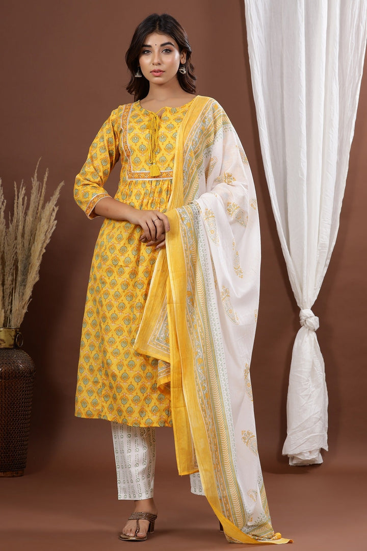 Yellow Printed Dupatta Set-Yufta Store-7819SKDYLS