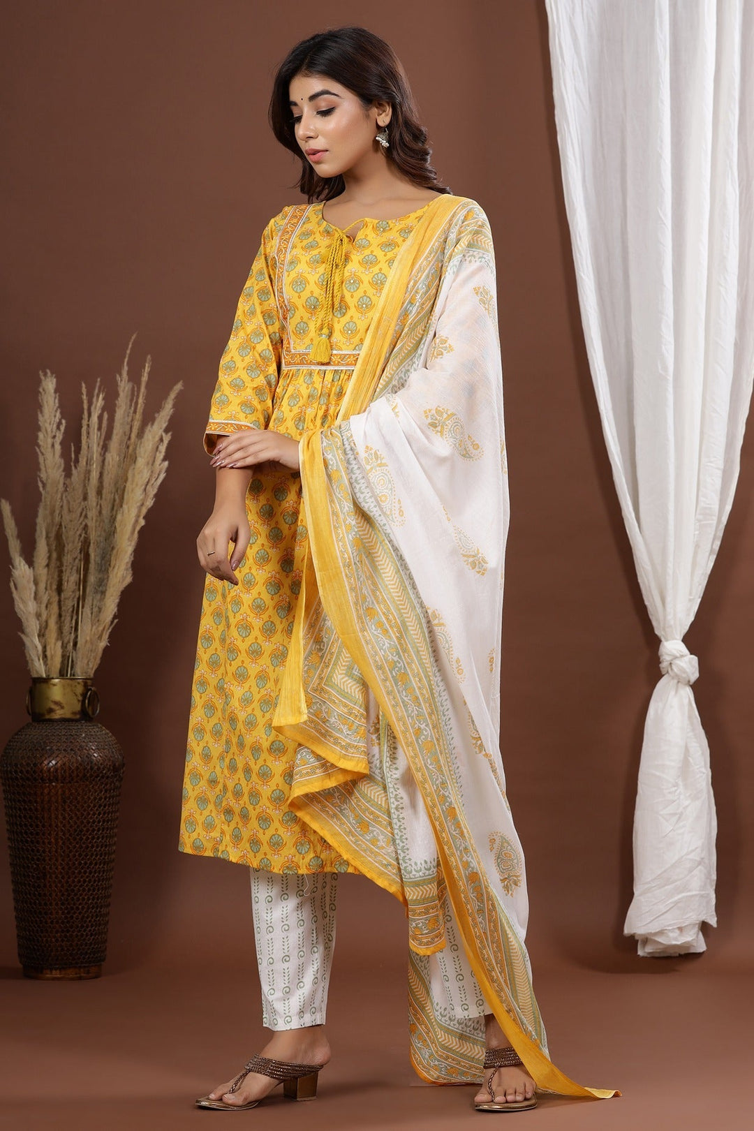 Yellow Printed Dupatta Set-Yufta Store-7819SKDYLS