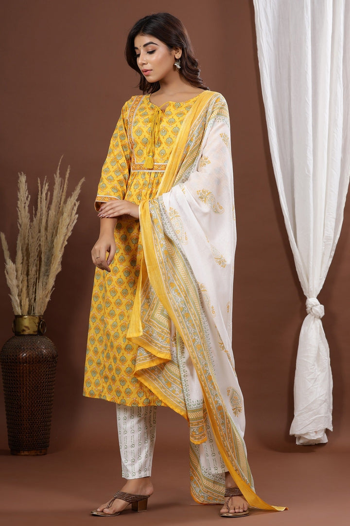 Yellow Printed Dupatta Set-Yufta Store-7819SKDYLS