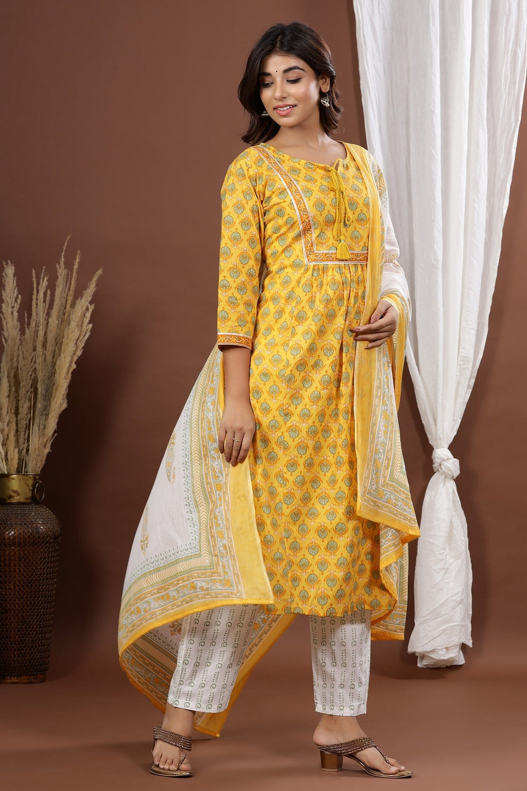 Yellow Printed Dupatta Set-Yufta Store-7819SKDYLS