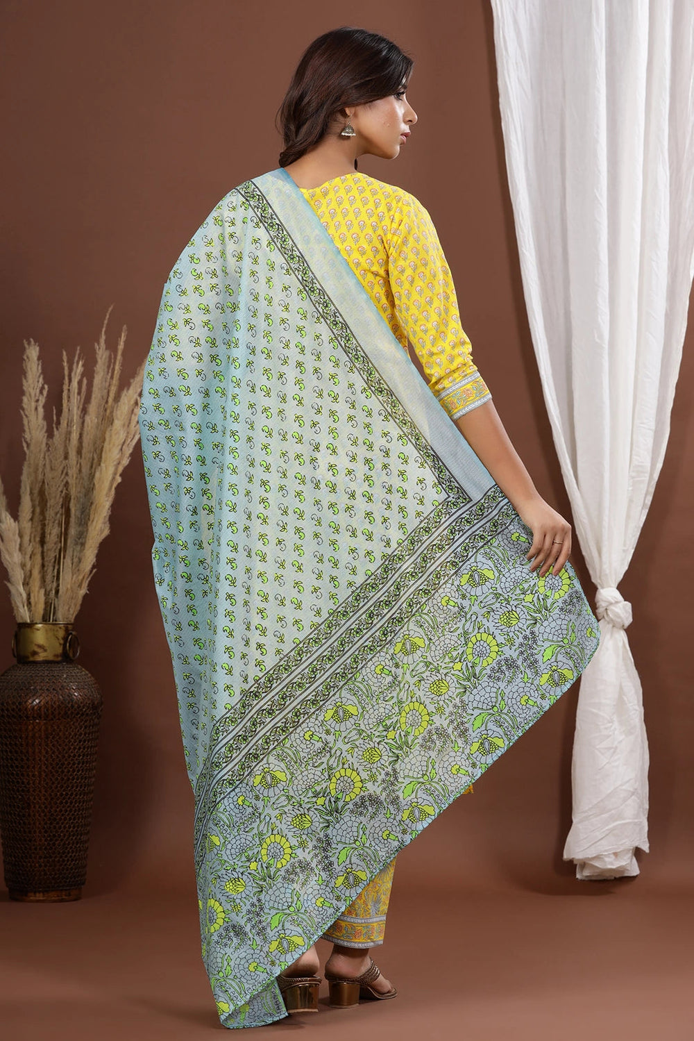 Yellow Printed Dupatta Set-Yufta Store-7889SKDYLS