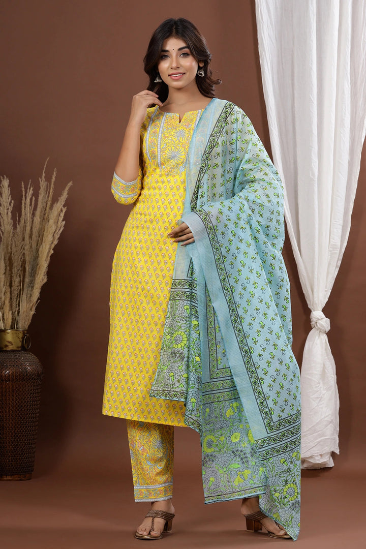 Yellow Printed Dupatta Set-Yufta Store-7889SKDYLS