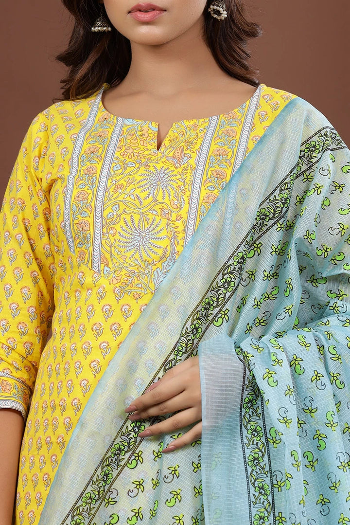 Yellow Printed Dupatta Set-Yufta Store-7889SKDYLS