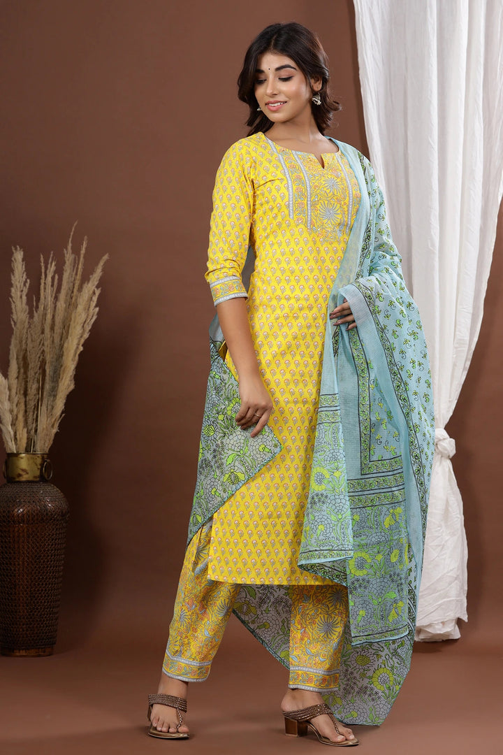 Yellow Printed Dupatta Set-Yufta Store-7889SKDYLS