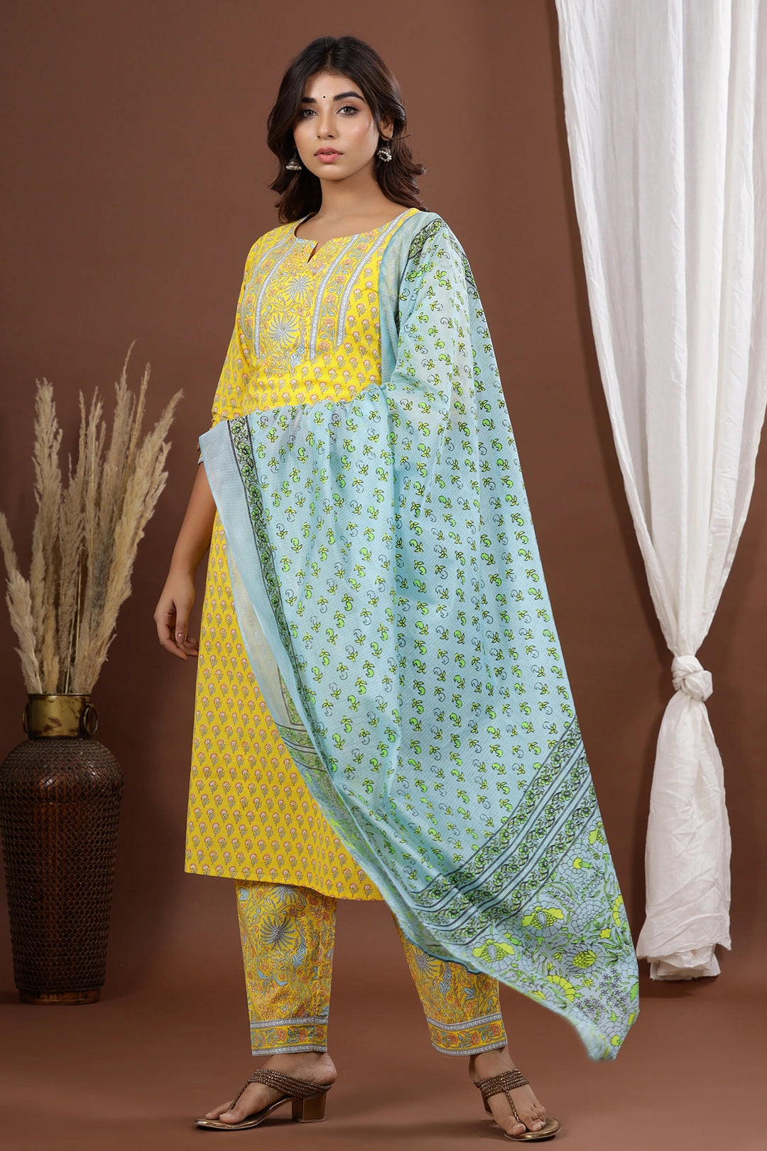 Yellow Printed Dupatta Set-Yufta Store-7889SKDYLS