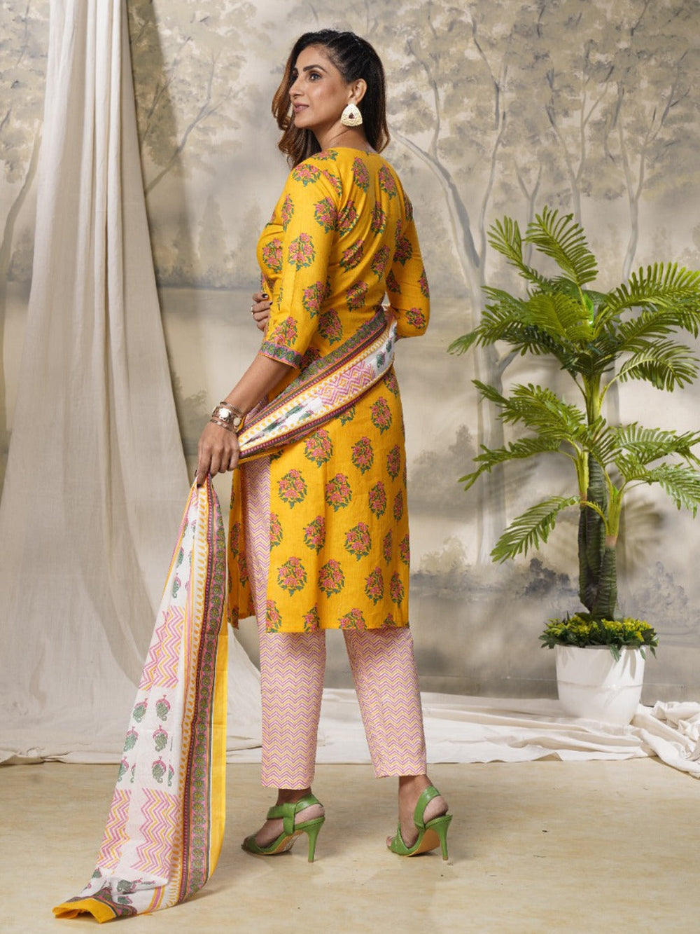 Yellow Printed Dupatta Set-Yufta Store-9987SKDYLS