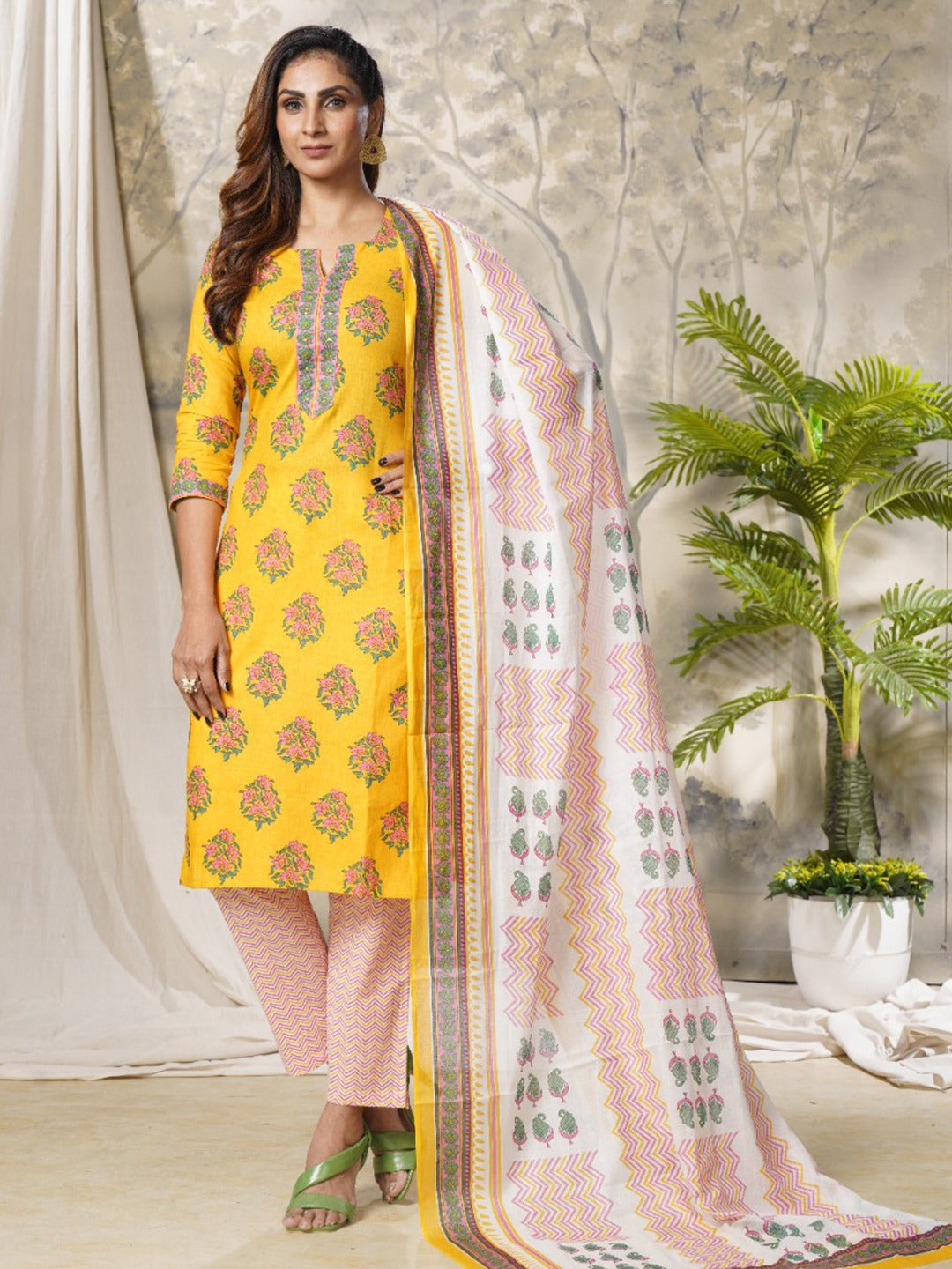 Yellow Printed Dupatta Set-Yufta Store-9987SKDYLS