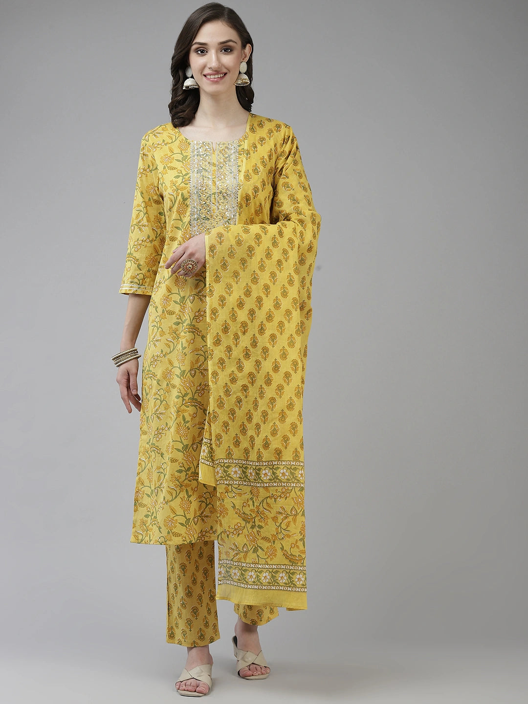 Yellow Printed Gotta Patti Dupatta Set-Yufta Store-9751SKDYLS