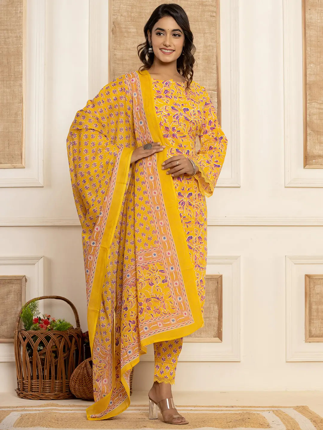 Yellow Printed Pakistani Style Kurta And Trousers With Dupatta Set