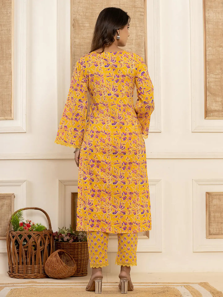 Yellow Printed Pakistani Style Kurta And Trousers With Dupatta Set