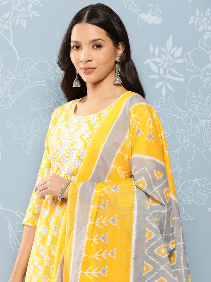 Yellow Printed Thread Work Pure Cotton Kurta with Trousers & Dupatta-Yufta Store-1299SKDYLS