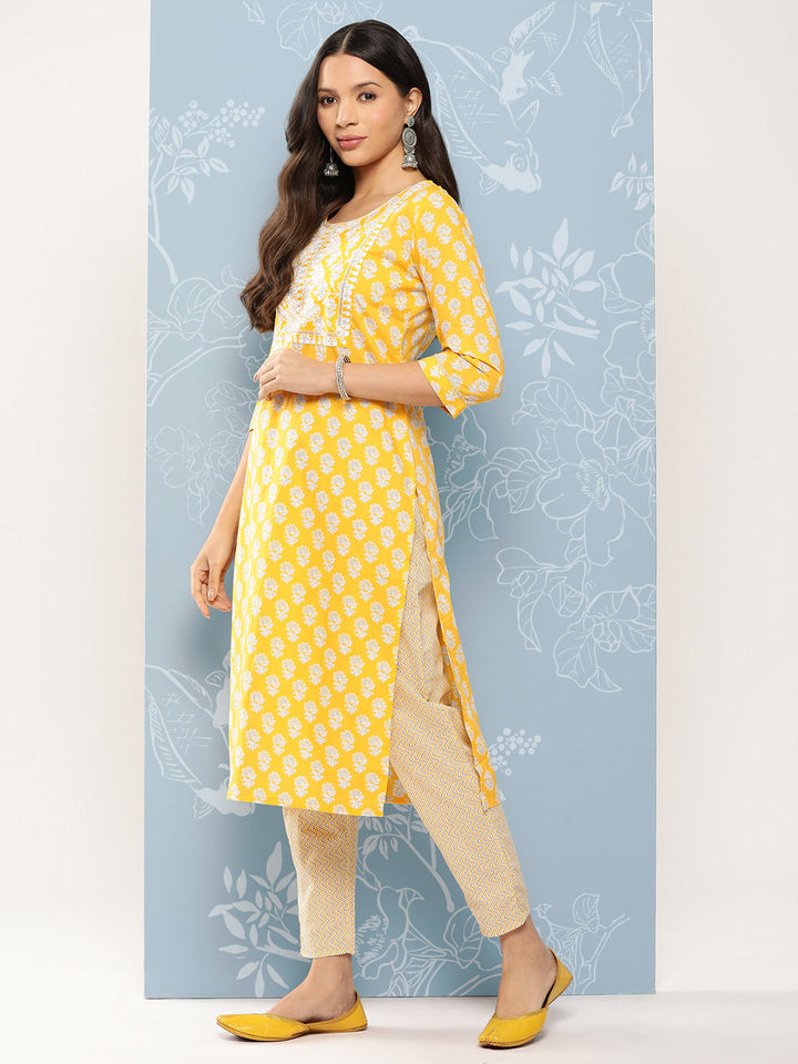 Yellow Printed Thread Work Pure Cotton Kurta with Trousers & Dupatta-Yufta Store-1299SKDYLS