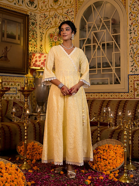 Yellow Pure Cotton Angrakha Anarkali Kurta Trouser With Dupatta Set-Yufta Store-1549SKDYLS