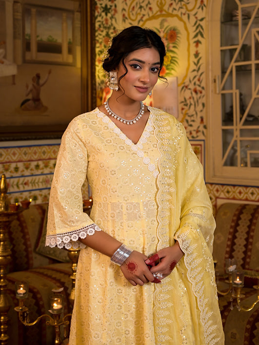 Yellow Pure Cotton Angrakha Anarkali Kurta Trouser With Dupatta Set-Yufta Store-1549SKDYLS