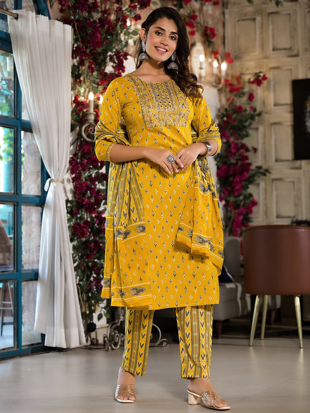 Yellow Pure Cotton Dori_Embroidery Kurta Trouser With Dupatta Set-Yufta Store-1639SKDYLS