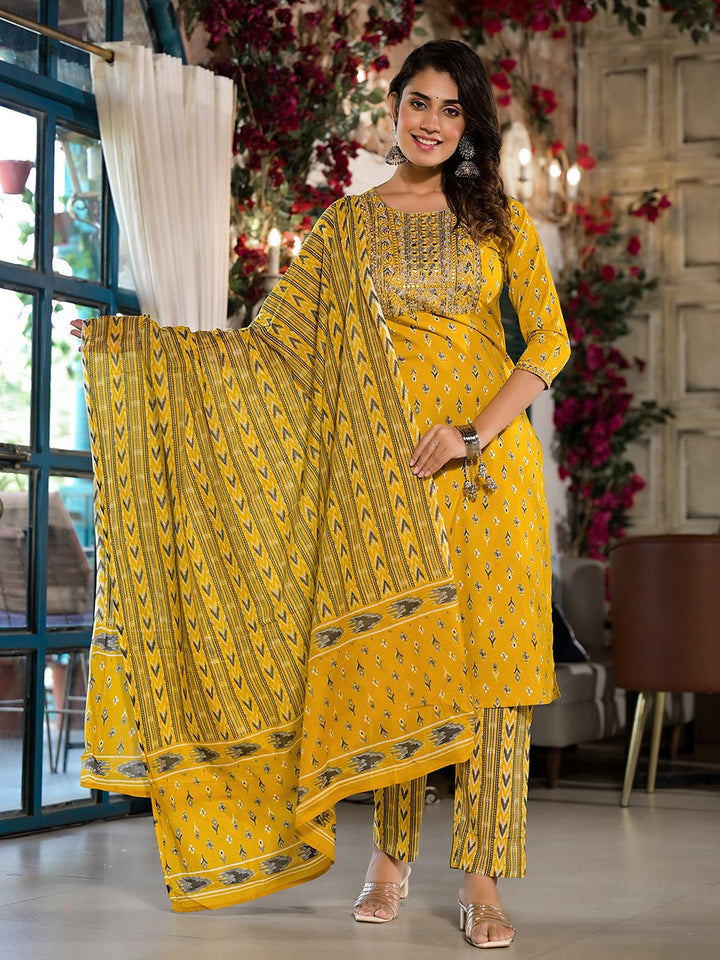 Yellow Pure Cotton Dori_Embroidery Kurta Trouser With Dupatta Set-Yufta Store-1639SKDYLS