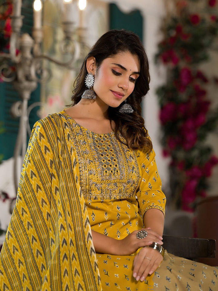 Yellow Pure Cotton Dori_Embroidery Kurta Trouser With Dupatta Set-Yufta Store-1639SKDYLS