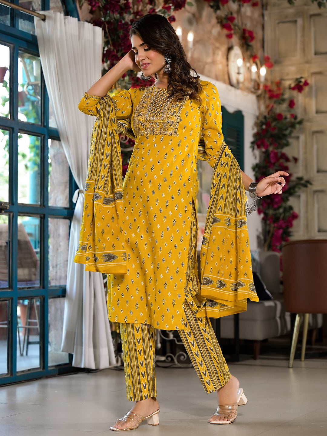 Yellow Pure Cotton Dori_Embroidery Kurta Trouser With Dupatta Set-Yufta Store-1639SKDYLS