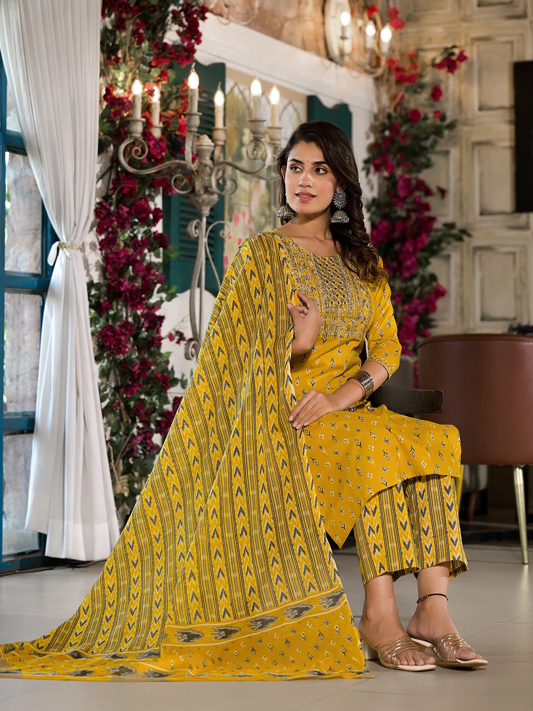 Yellow Pure Cotton Dori_Embroidery Kurta Trouser With Dupatta Set-Yufta Store-1639SKDYLS