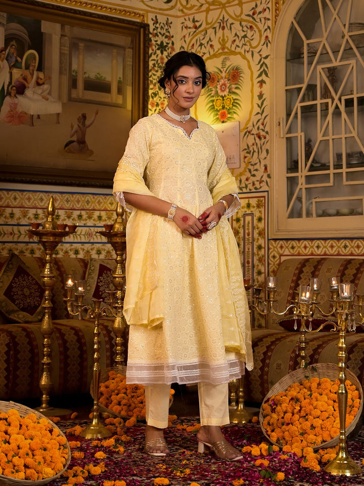 Yellow Pure Cotton Sequins Work Anarkali Kurta Trouser With Dupatta Set-Yufta Store-1543SKDYLS