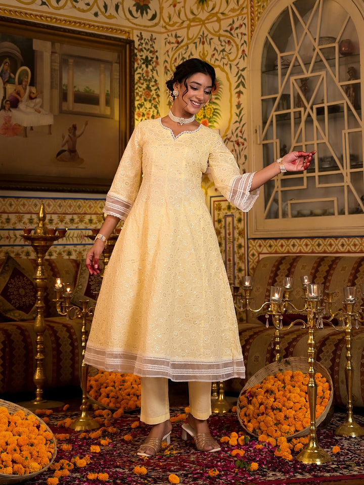 Yellow Pure Cotton Sequins Work Anarkali Kurta Trouser With Dupatta Set-Yufta Store-1543SKDYLS