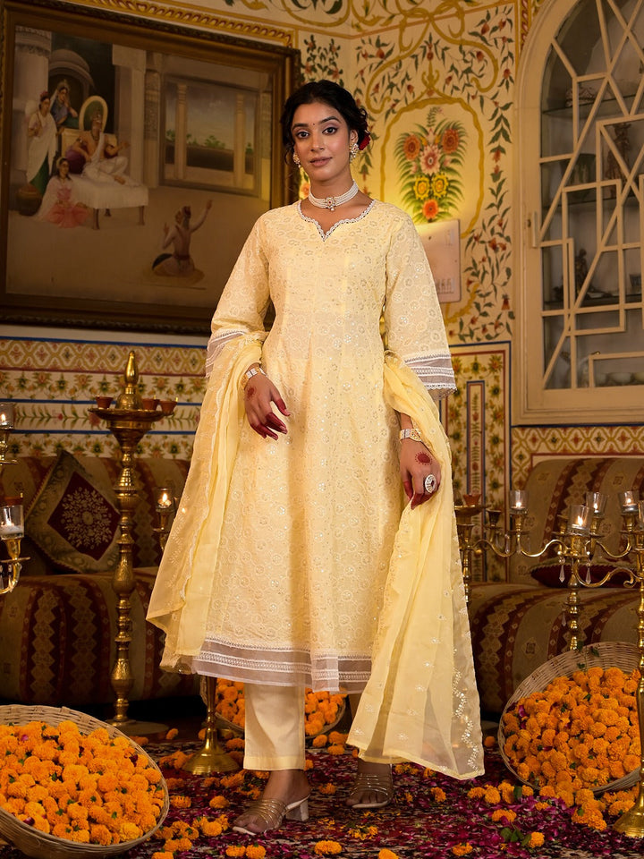 Yellow Pure Cotton Sequins Work Anarkali Kurta Trouser With Dupatta Set-Yufta Store-1543SKDYLS