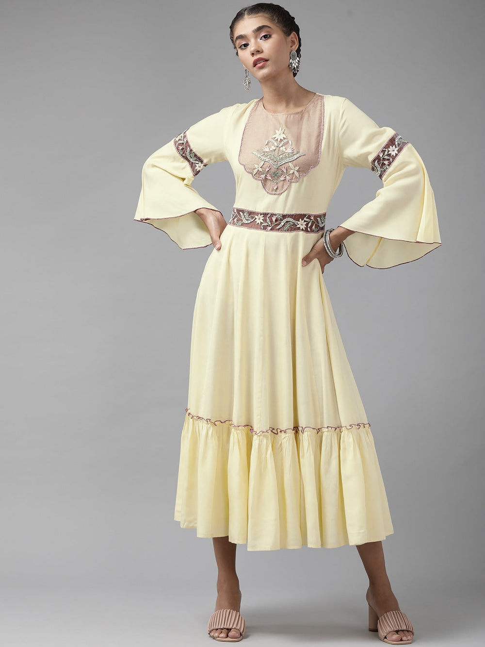Yellow Sequin Ethnic Midi Dress