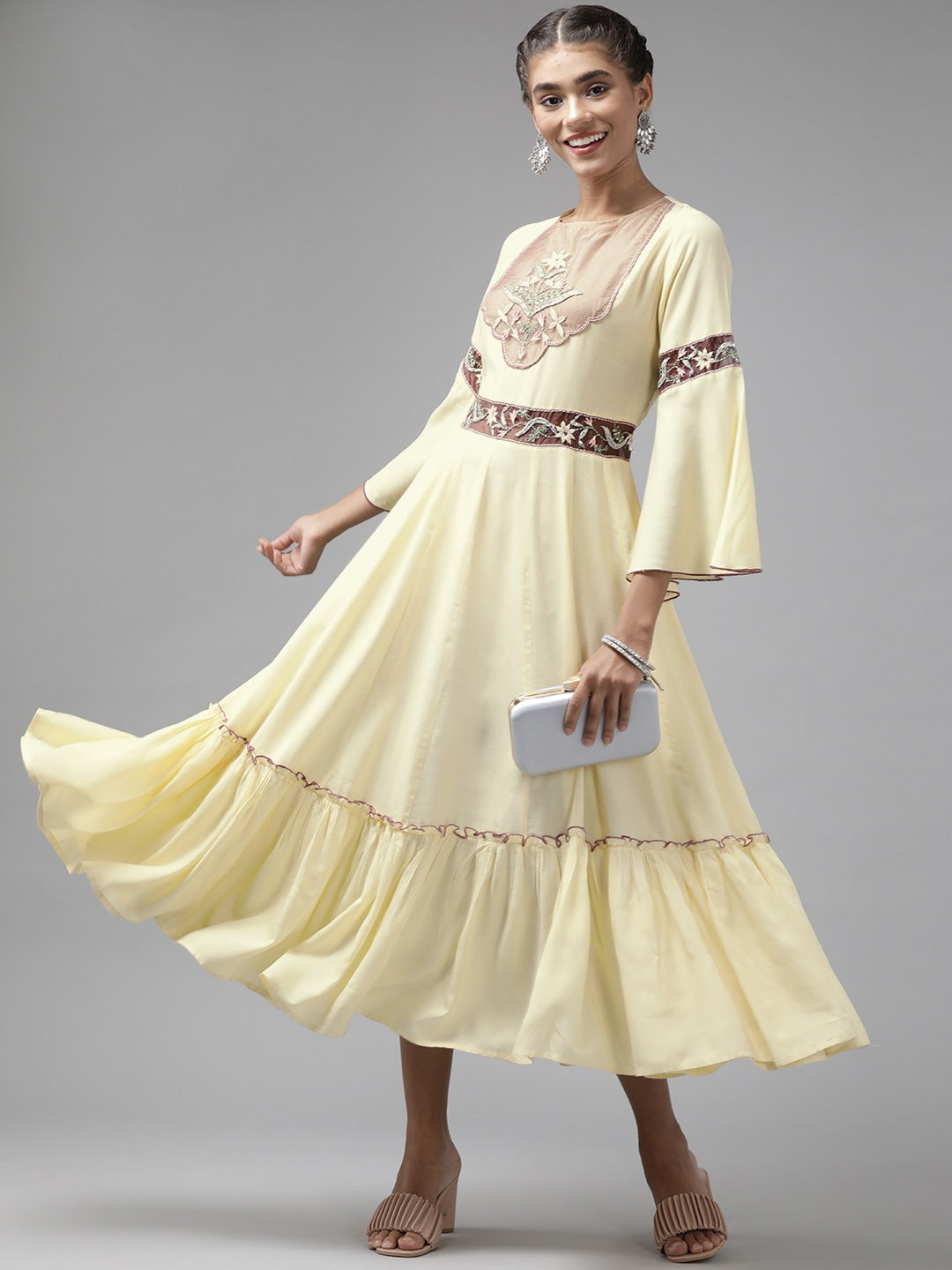 Yellow Sequin Ethnic Midi Dress
