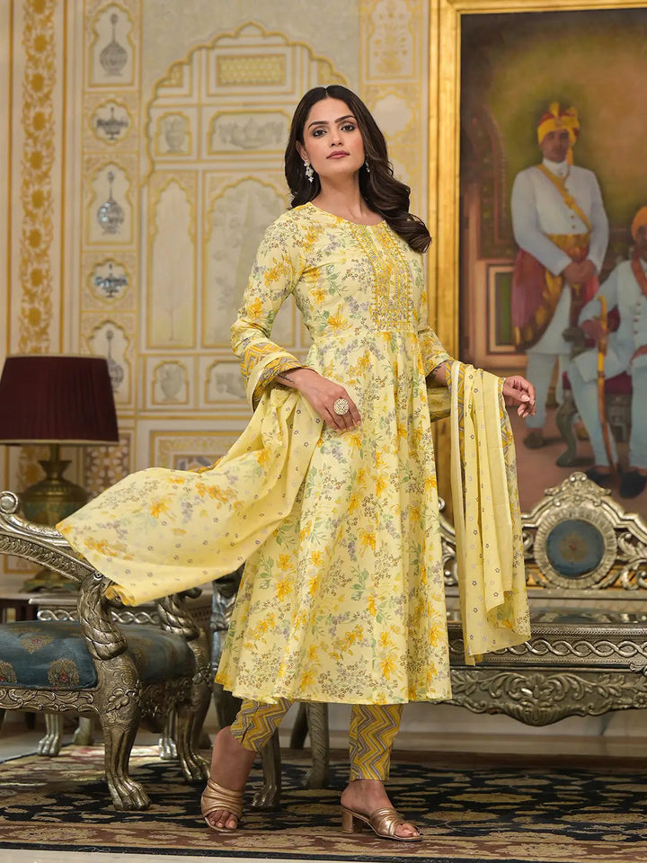 Yellow Sequins_Work Anarkali Kurta Trouser And Dupatta Set-Yufta Store-6910SKDYLS