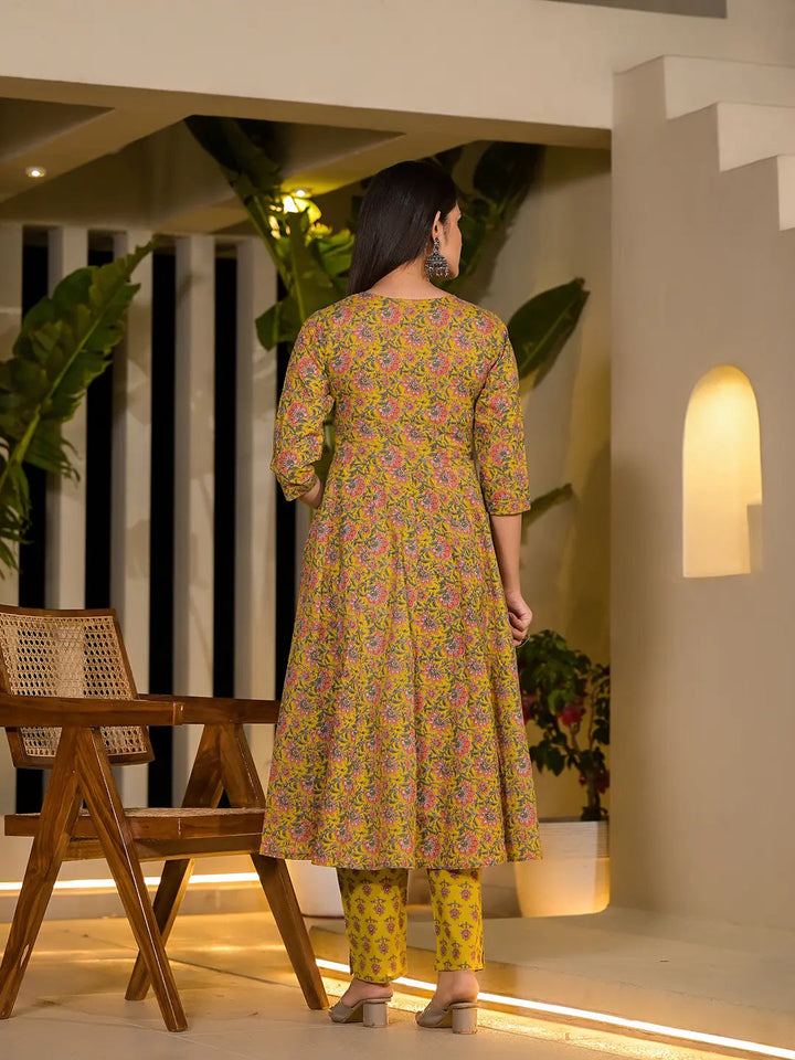 Yellow Thread Work Cotton Anarkali Style Kurta And Trousers With Dupatta Set-Yufta Store-6902SKDYLS