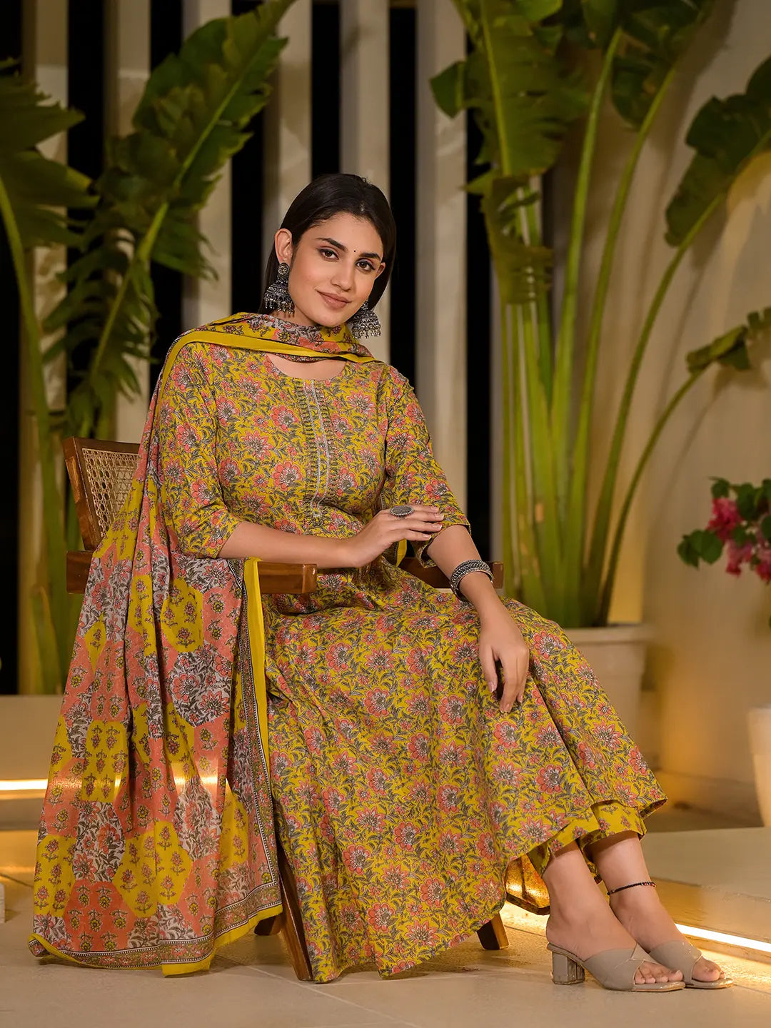 Yellow Thread Work Cotton Anarkali Style Kurta And Trousers With Dupatta Set-Yufta Store-6902SKDYLS